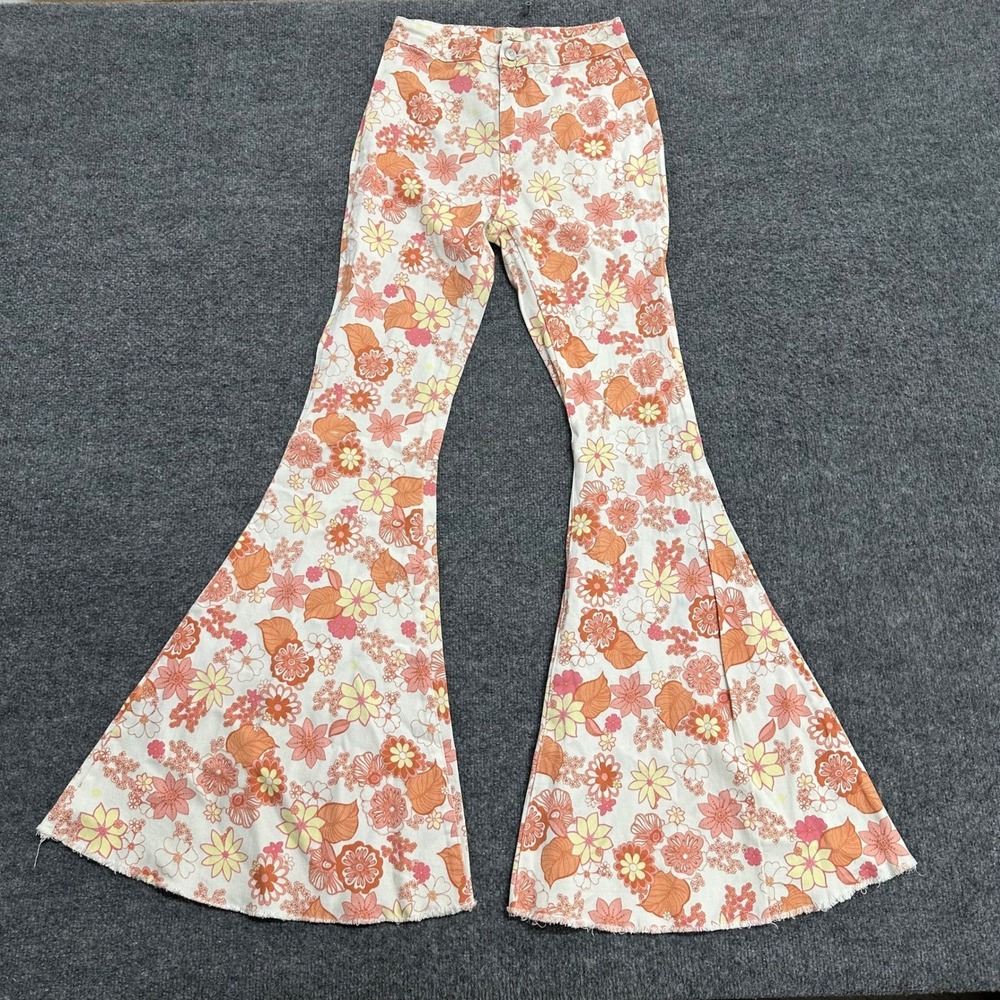 Altar'd State Pants Womens Size M Orange Floral Flare Bell Bottom Raw Hem P28069